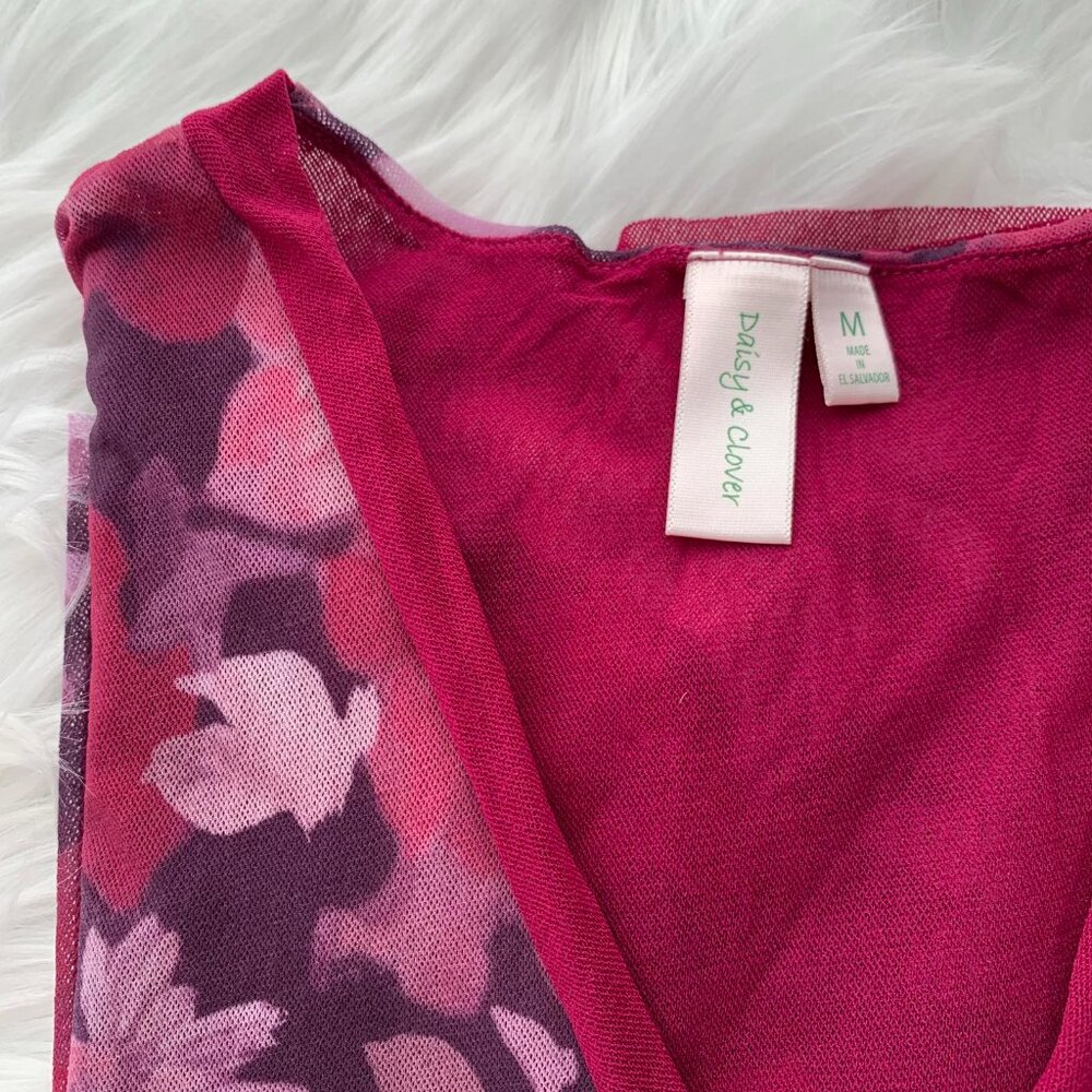 Daisy & Clover - Pink purple floral crossover top nylon mesh tunic, M - Picture 5 of 5